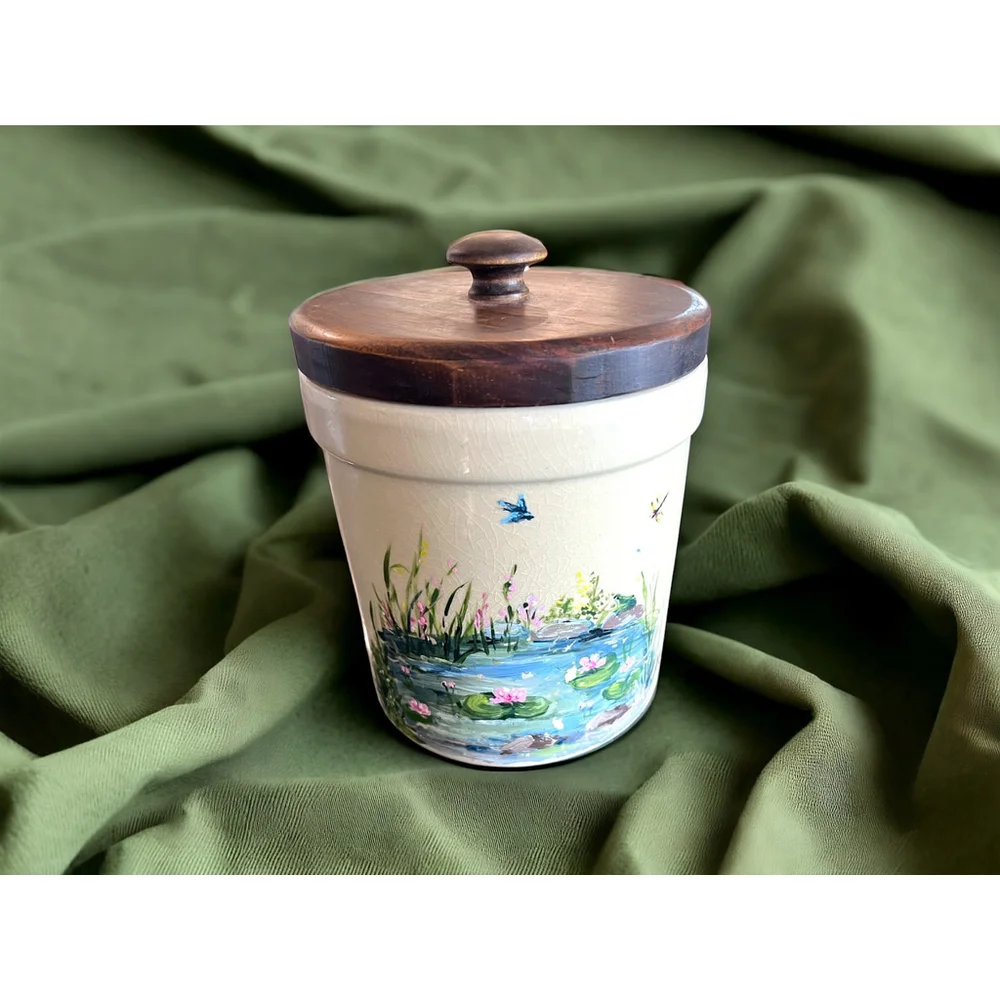Hand Painted Signed Stoneware Crock Storage Idea One of a Kind Handpainted Gift